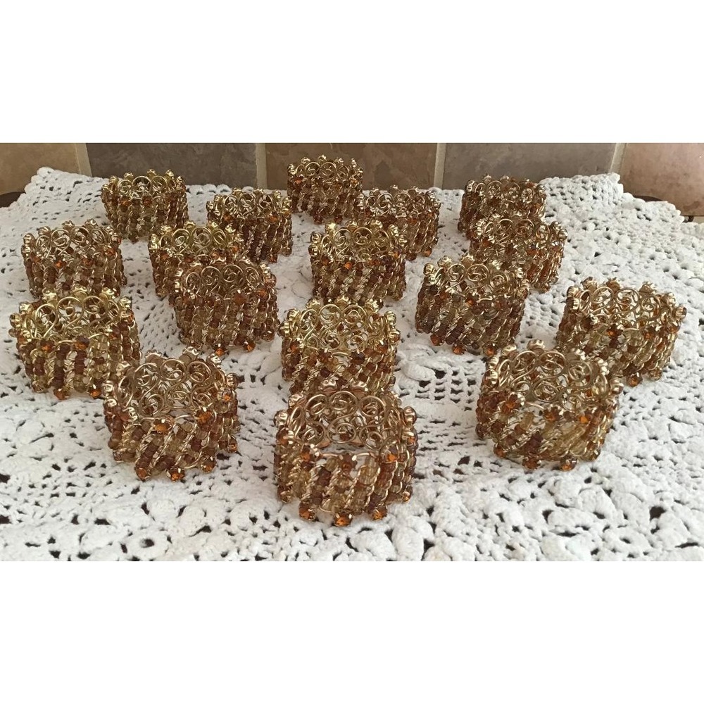Vintage‎ Gold Filigree Amber Colored Beaded Napkin Rings 17 Boho Whimsical Party